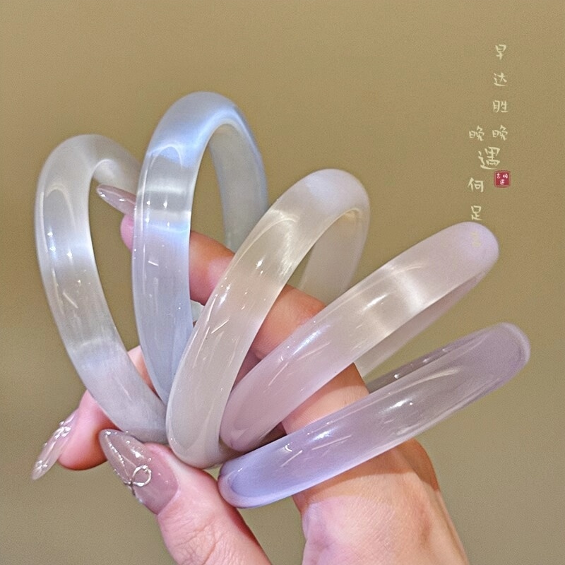 Cat's Eye Stone Bracelet, Ice Chalcedony Bracelet for Women, Ice-Clear High Ice Jade Peace Bracelet, Wide Bracelet, Pink Crystal Bracelet