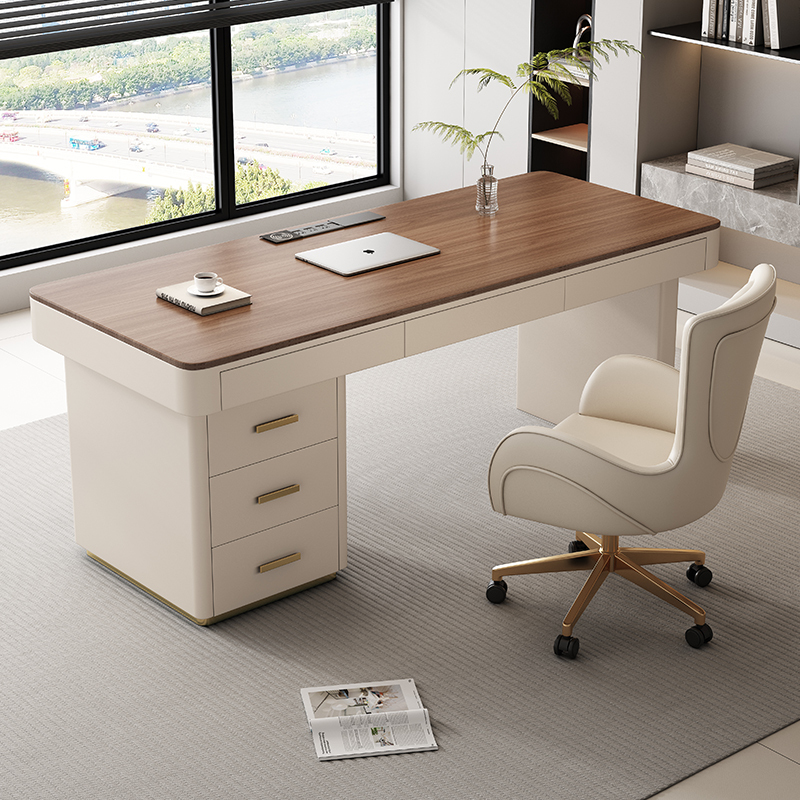 Cream-Colored Desk for Home Study, Walnut Color, Modern Light Luxury Writing Desk, Designer High-End Computer Office Desk
