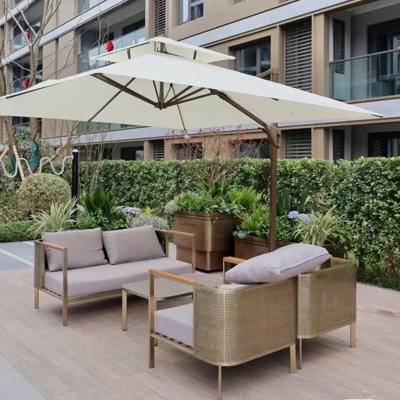 Outdoor Stainless Steel Perforated Mesh Sofa Table and Chair Set for Open-Air Courtyards, Sales Offices, Hotels, and Guesthouses, Waterproof and Sun-Resistant