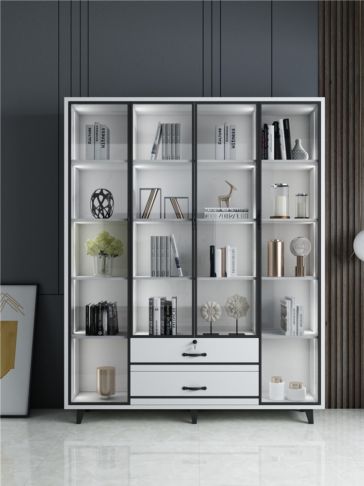 Nordic light luxury tempered glass door single door bookcase bookcase storage cabinet study display cabinet combination bookcase with light