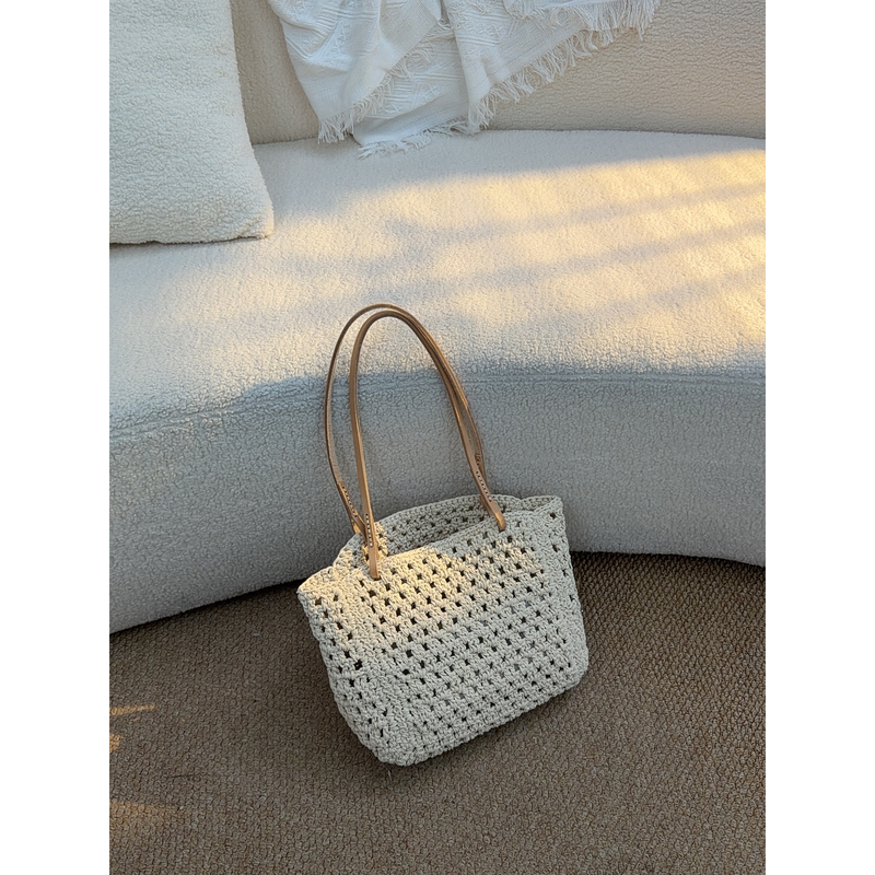 Tangfeel Wax Rope Hand-Woven Tote Bag Women's Vacation Style Beach Bag Single Shoulder Woven Bag Casual Women's Bag