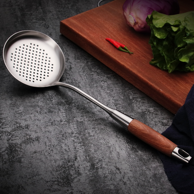 Guofeng 304 stainless steel colander kitchen household thickened wooden handle hollow heat insulation anti-scalding noodles spoon