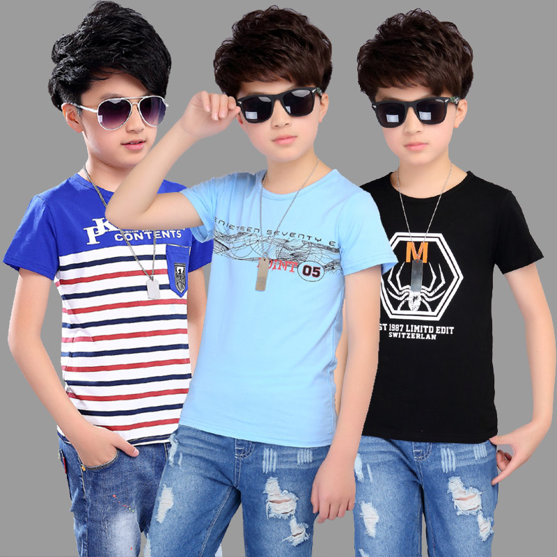 Boy T-shirt short sleeve summer dress 2022 new 5 children CUHK Tong 10 Pure cotton T-shirt 12 Boy 15-year-old stripe