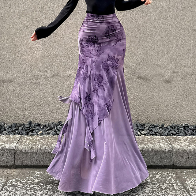 Purple pleated irregular mesh skirt