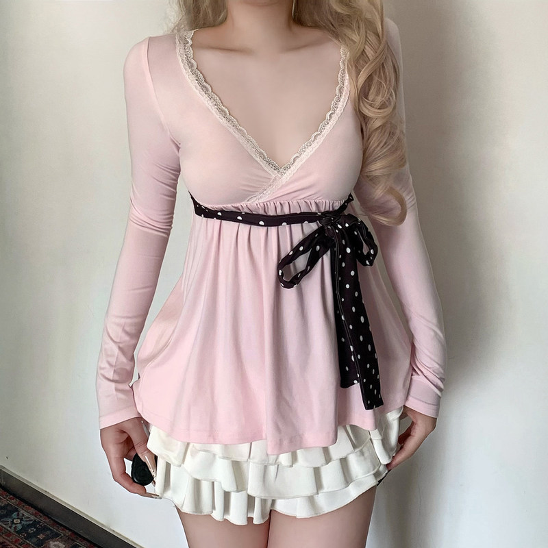 Rockmore【Sweet and Gentle】Pink Lace Splicing Polka Dot Tie Waist T-Shirt Pink Long-Sleeved Top