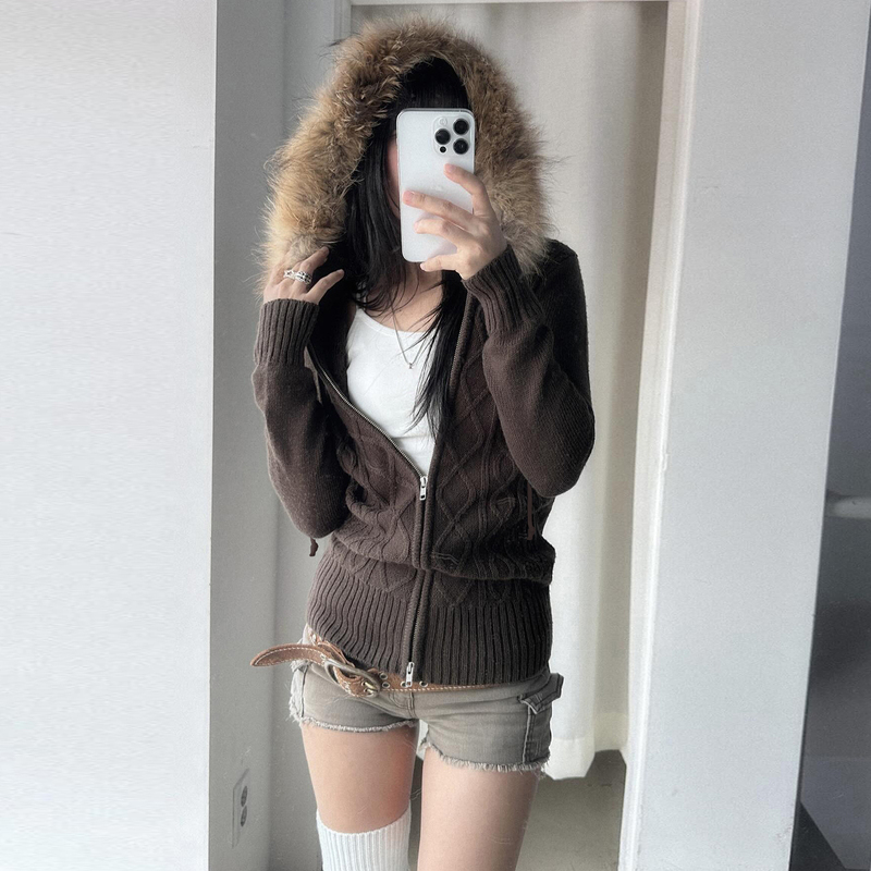 Rockmore【Basic Versatile】Brown Fur Collar Hooded Cable Knit Long Sleeve Slim Fit Zipper Knit Sweater