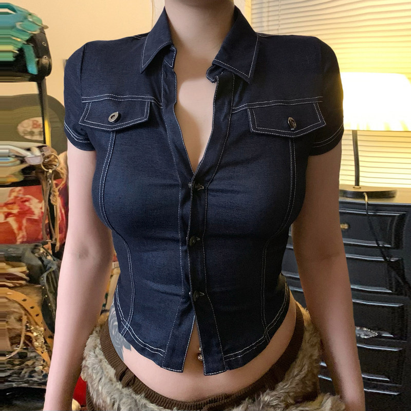Rockmore【American Hot Girl】Dark Blue Vintage Pocket Denim Shirt Workwear Style Sexy Slim Fit Top Rockmore【American Hot Girl】Dark Blue Vintage Pocket Denim Shirt Workwear Style Sexy Slim Fit Top