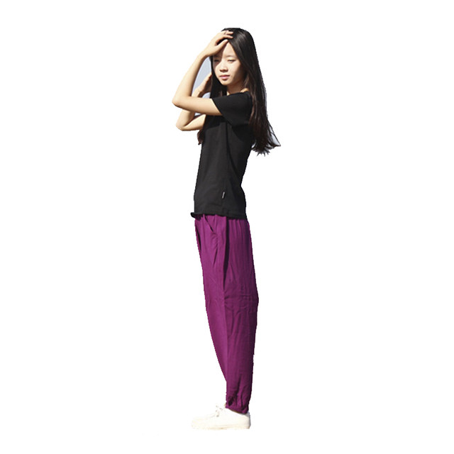 Lewang ຕົ້ນສະບັບແມ່ຍິງວັນນະຄະດີ Retro ຝ້າຍແລະ linen ກາງເກງກະເປົ໋າແມ່ຍິງບາງໆ Summer ສີມ່ວງ Loose Slimming Pants