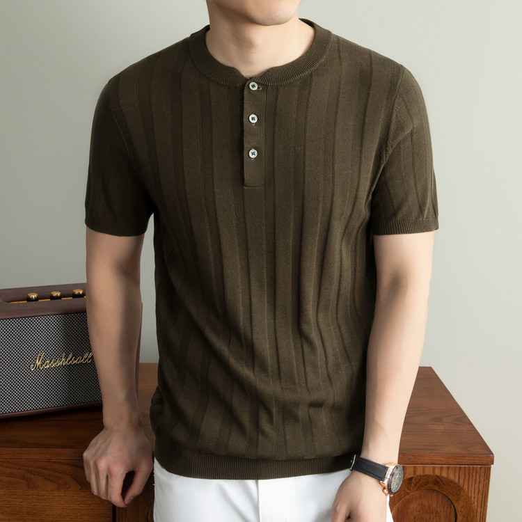 High-End Henry Collar Wool and Mulberry Silk Short-Sleeve T-Shirt for Men, Polo Shirt, New Summer Style, Old Money Style Linen Knit Top