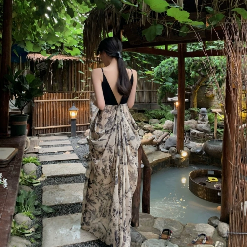 Sansui, платье, весенняя длинная юбка, V-образный вырез, с открытой спиной, китайский стиль