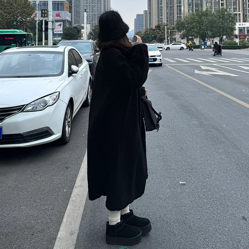 Black Long Teddy Bear Coat with Granular Fleece and Lamb Wool for Women, Winter 2023, Thickened 1255700 800