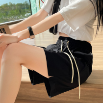 Black Sports Shorts Women Summer Thin speed Dry high waist a character loose Lean Casual Straight Cylinder Wide Leg 50% Pants