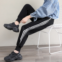 Plus velvet padded black sweatpants womens loose bunch feet ins tide autumn and winter slim large zipper Harlan casual pants