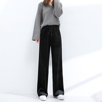 Golden velvet wide leg pants womens autumn and winter high waist draping feeling thin black loose straight tube thick mop casual trousers