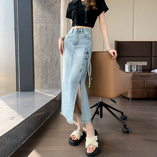 Летняя тонкая джинсовая юбка, китайский стиль, высокая талия, длина миди, с акцентом на бедрах