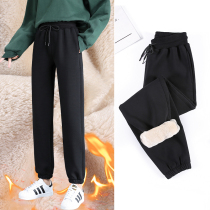 Plus velvet sweatpants womens lamb plush autumn and winter loose bunch feet gray casual thick warm outer wearing pants