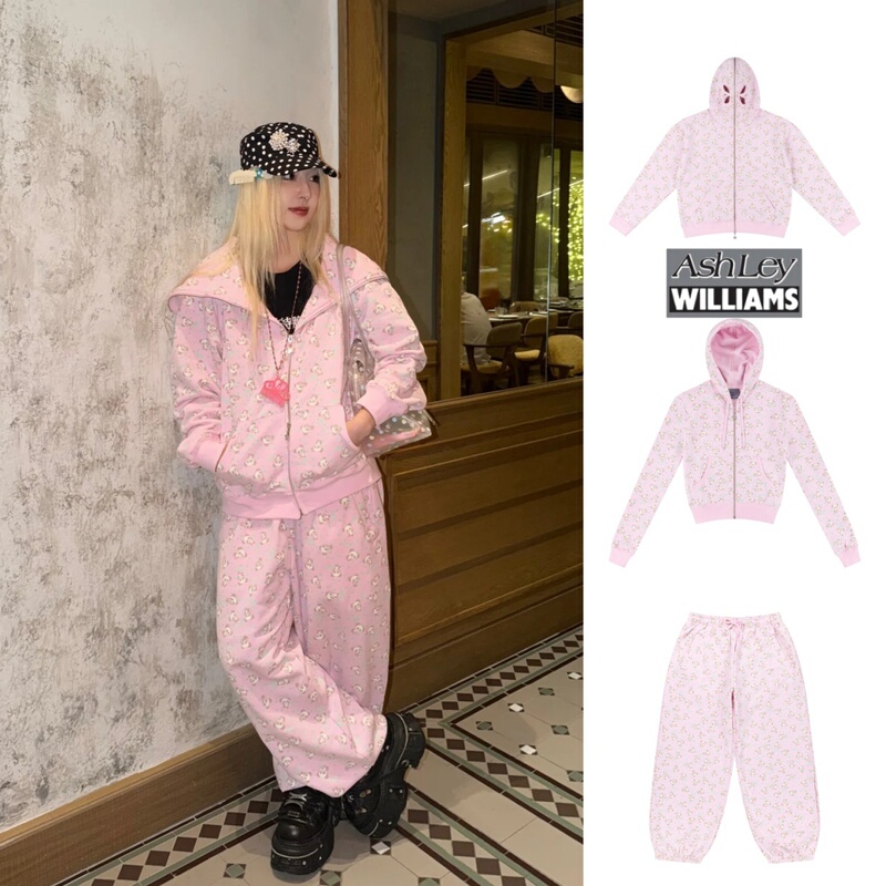 Authentic Korean Ashley Williams Millennium Aesthetic Full Print Panda Pink Hoodie and Sweatpants Set