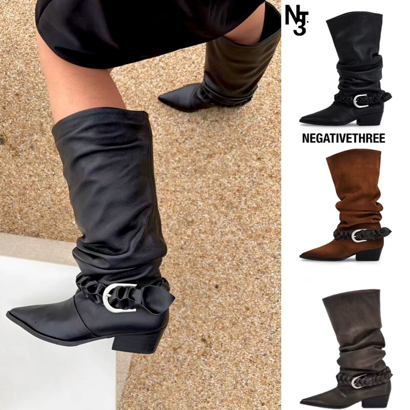 Korean Genuine Negativethree Pointed-Toe Boots with Pleated Belt Buckle, Stacked Boots, Mid-Length Fashion Boots 26Ss