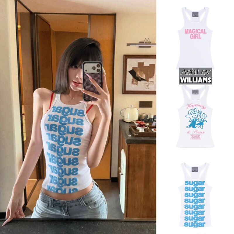 Authentic American Ashley Williams Sleeveless Slim-Fit Cute Sugar Letter Slogan Printed Camisole Authentic American Ashley Williams Sleeveless Slim-Fit Cute Sugar Letter Slogan Printed Camisole
