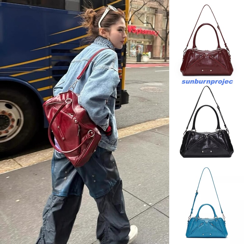 Korean Genuine Sunburnproject Han Suhyi Same Style Motorcycle Bag for Women, High-End Leather Handbag and Crossbody Bag