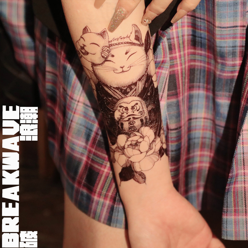 Breaking the wave ordinary tattoo stickers cat lucky cat Japanese style cartoon Dharma eggs praying for ins style flower