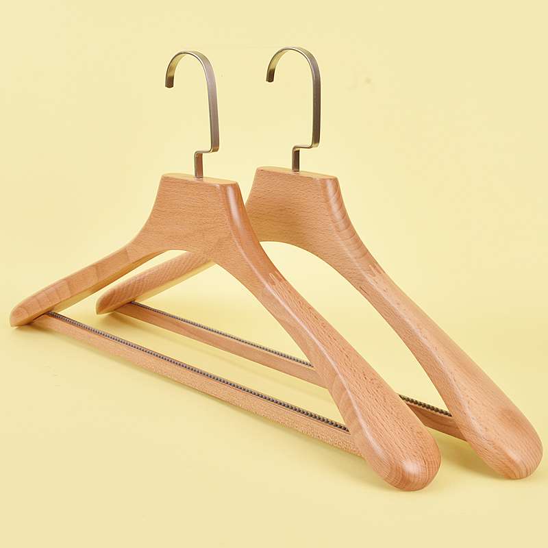Beech Wood Clear Lacquer Natural Color Men's Solid Wood Hanger with Wide Shoulders, Thickened Non-Slip Horizontal Bar, Suitable for Home Use, Prevents Deformation of Suits