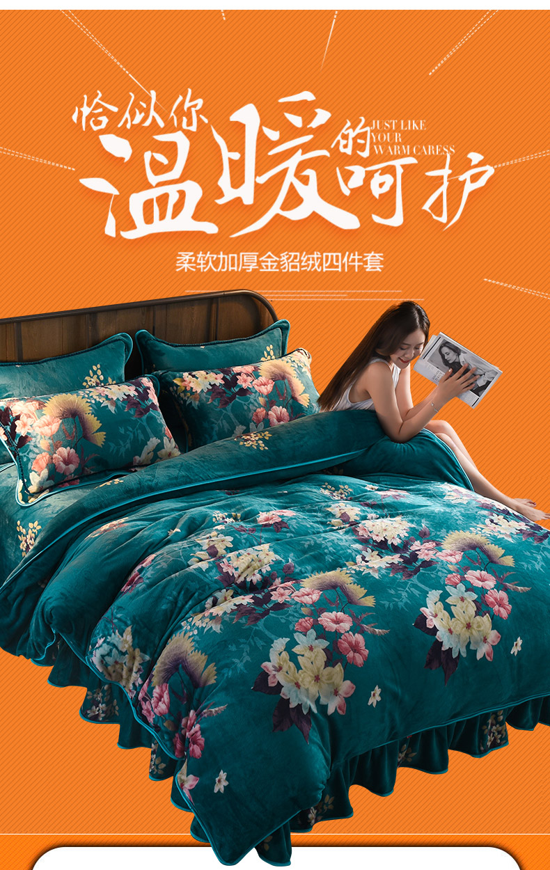 Một gia đình bốn nhung san hô dày ấm áp mùa đông chăn trải giường giường váy theo luật Levin flannel cashmere - Bộ đồ giường bốn mảnh bộ drap giường