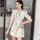 Шифоновый летний комбинезон, приталенный корсет, короткий рукав, V-образный вырез, коллекция 2021, в корейском стиле, подходит для подростков