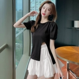 Черная дизайнерская футболка, юбка, комплект, тренд сезона, рукава фонарики, высокая талия