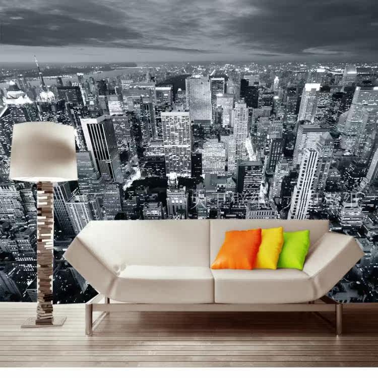 黑白城市景色壁紙畫臥室牀頭壁紙現代簡約沙發背景牆壁布無縫牆布