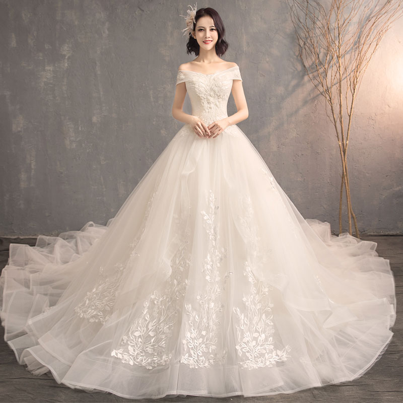 Wedding Dress 2019 New Word Shoulder V Neck Bride Princess Dream