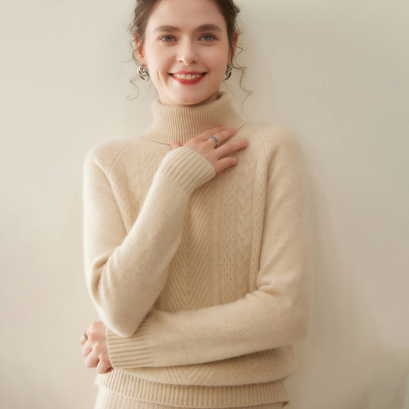Double-Strand! Thickened A-Lantern High-Neck Cashmere Sweater, Cable-Knit Base Sweater, Knitted Wool Sweater, Cable-Knit Inner Sweater