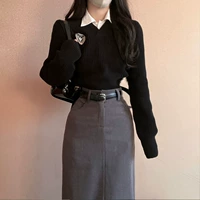 Черный свитер, длинная юбка, рубашка, ремень