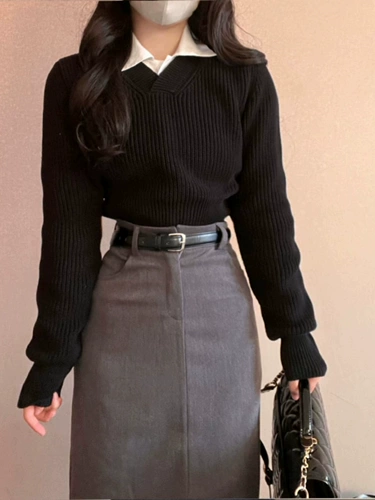 Демисезонная сверхдлинная длинная юбка, лонгслив, свитер, рубашка, комплект, с акцентом на бедрах, свободный прямой крой, А-силуэт, по фигуре