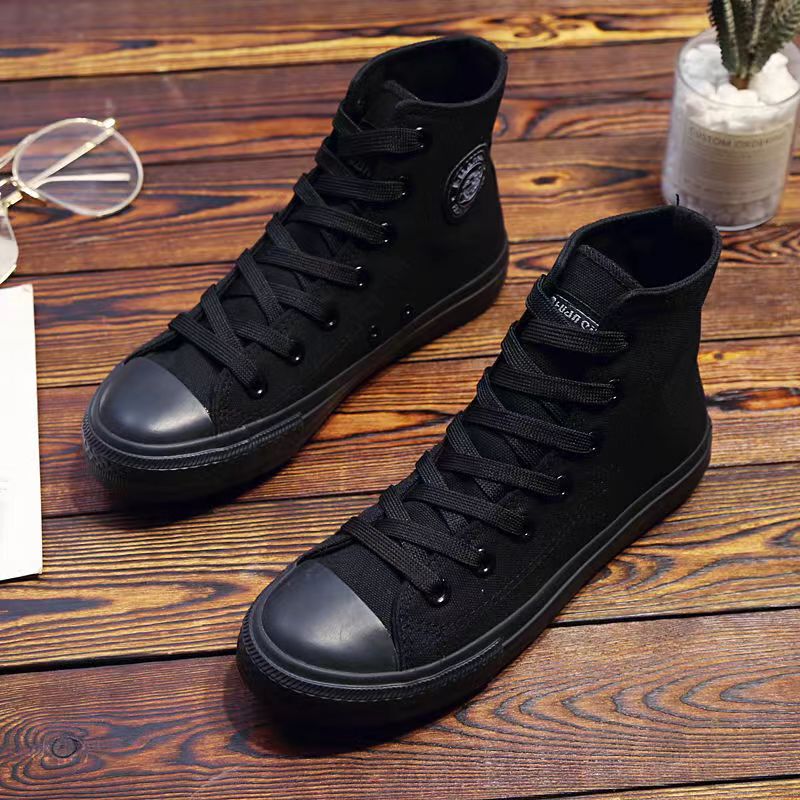 2026 Spring/Summer All-Black High-Top Canvas Shoes for Women, Large Size, Versatile, Lightweight, Pure Black Casual Sneakers, Sports Board Shoes