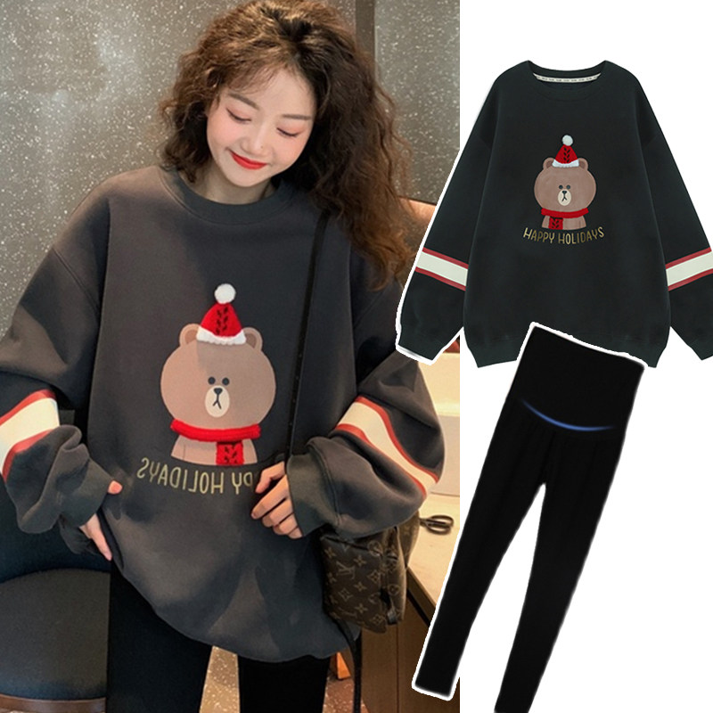 Pregnant women's autumn clothing suit fashion models 2021 spring and autumn new online red Korean version fashion cartoon large size for pregnancy and clothing