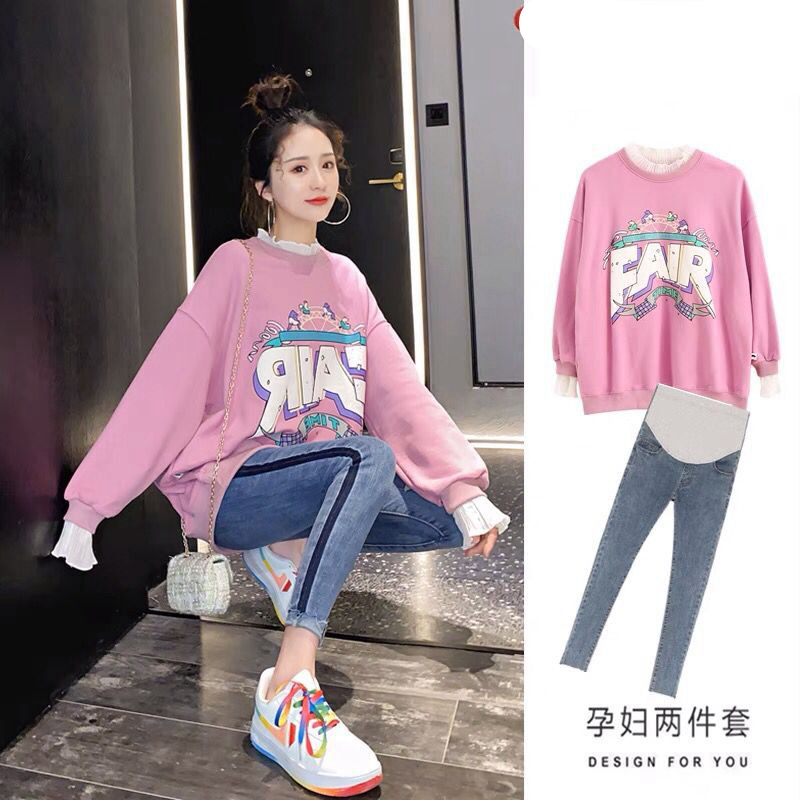 Pregnant Woman Sweatshirt Autumn Clothing Suit Fashion Models 2021 Spring Autumn New Loose Large Size Blouse Pair of jeans Two sets