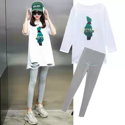 Pregnant women autumn Net red set fashion 2021 new spring and autumn printed long sleeve top two sets of foreign pie tide