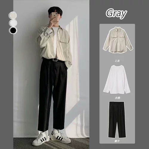 Демисезонный комплект для отдыха, лонгслив, мужская рубашка, изысканный стиль, 3 предмета