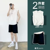 Футболка без рукавов, майка, мужские шорты, летний трендовый комплект, пляжные шелковые штаны