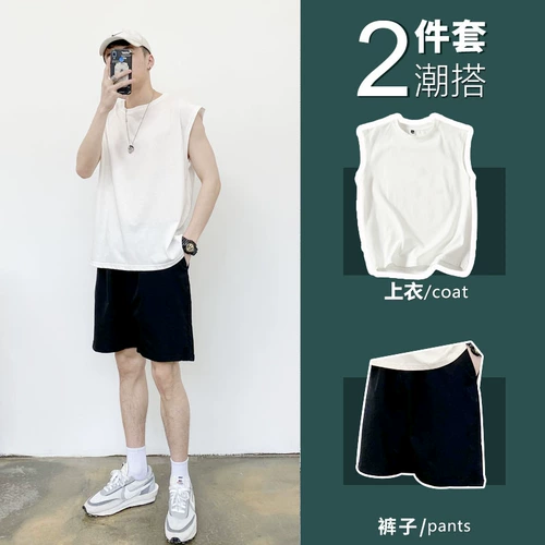 Футболка без рукавов, майка, мужские шорты, летний трендовый комплект, пляжные шелковые штаны