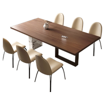 Navit wood-style dining table and chair combination Italian light luxury high-end dining table walnut color marble rectangular dining table