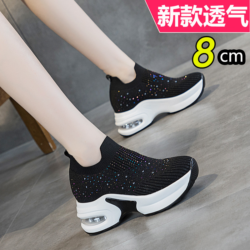 Inner Height-Increasing Fly-Knit Women's Shoes 2026 Autumn New Style Rhinestone Single Shoes Thick-Soled Air-Cushion Shoes Mesh Casual Sports Shoes Elastic