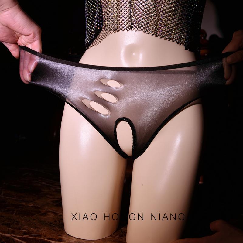 Ultra-Thin Silky Shiny Fully Transparent Ice Silk Crotchless Panties with Holes, Women's No-Take-Off Sexy Fun Shorts