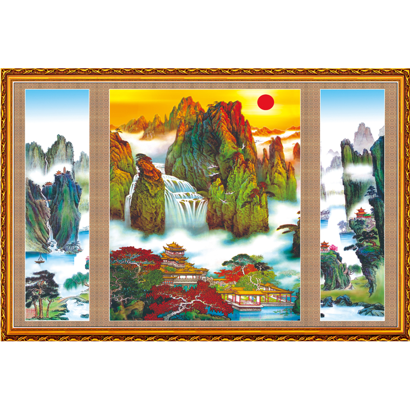 Landscape painting flowing water makes money greeting visitors, pine crane, landscape painting, hanging painting, decorative wall painting