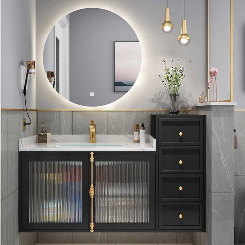 American Light Lavish Rockboard Solid Wood High And Low Bathroom Cabinet Combined Nordic Oak Wood Minimalist Glass Door Wash Table Combination