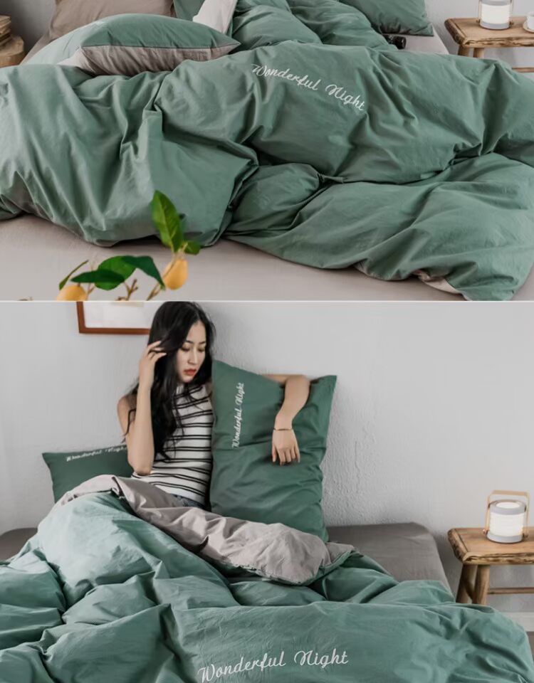 Bông nguyên chất bốn mảnh màu rắn INS lưới màu đỏ phần bông được giặt thêu chữ đơn giản được phủ lên giường - Bộ đồ giường bốn mảnh bộ chăn ga gối đệm cute