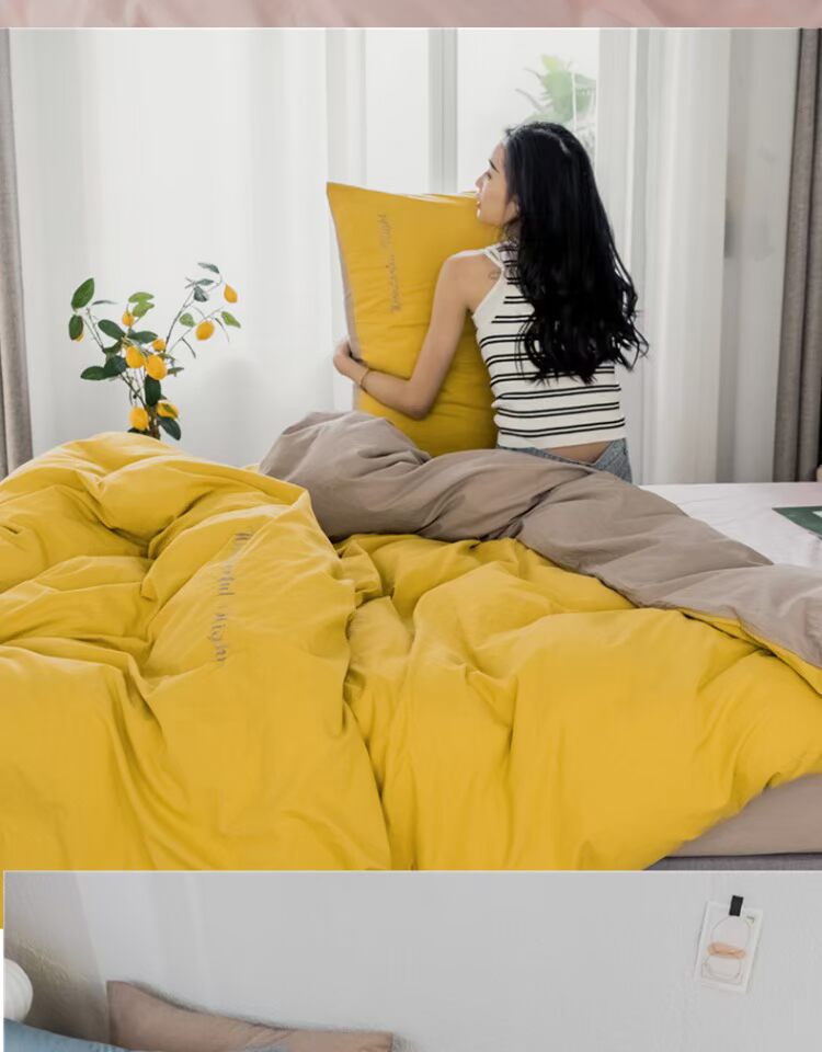 Bông nguyên chất bốn mảnh màu rắn INS lưới màu đỏ phần bông được giặt thêu chữ đơn giản được phủ lên giường - Bộ đồ giường bốn mảnh bộ chăn ga gối đệm cute