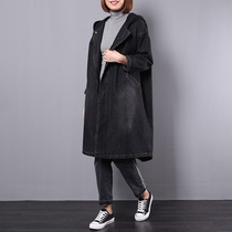 Black denim plus cotton jacket windbreaker women hooded 2018 autumn and winter new Korean loose plus size medium and long cotton coat