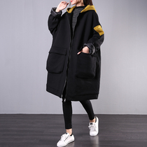  2019 autumn and winter new Korean loose plus size mid-length literary contrast plus cotton sweater female hooded cotton coat jacket